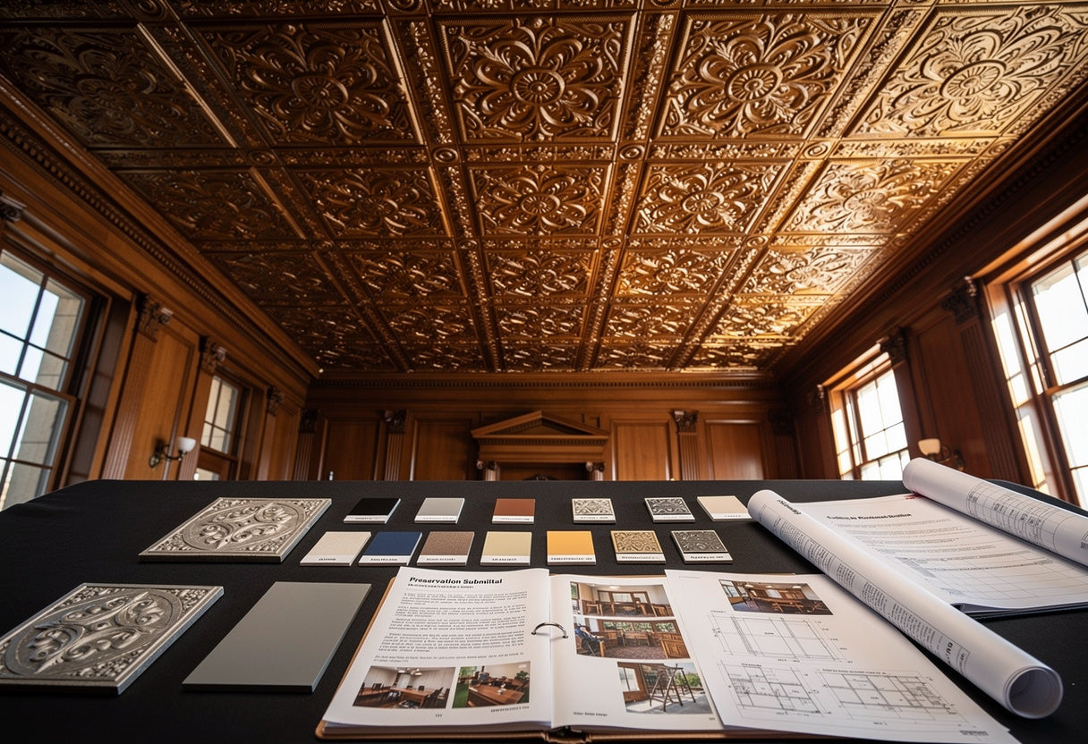 Decorative ceiling with architectural drawings on a table.