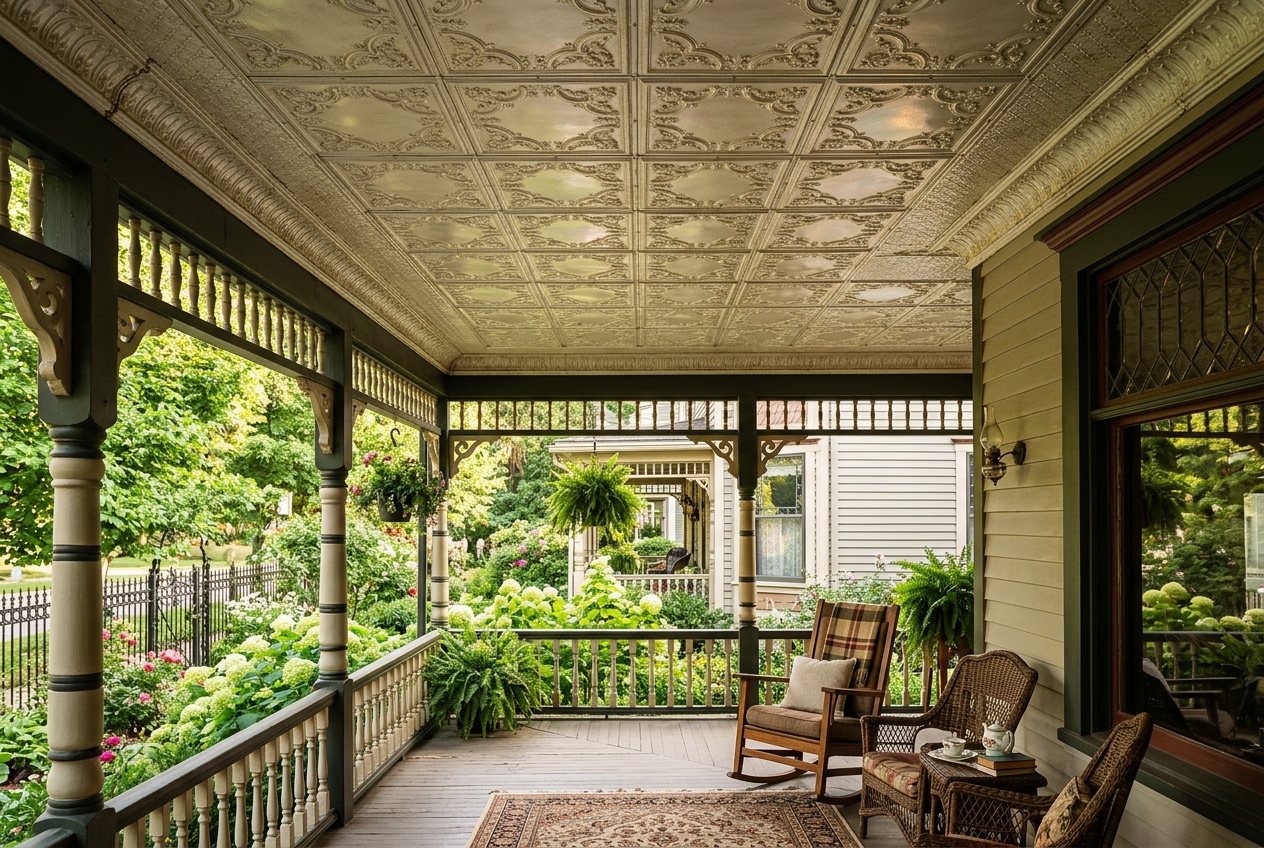 Victorian-style porch with decorative ceiling, chairs, and garden view.