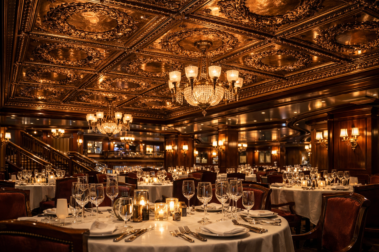 Luxurious dining room with ornate ceiling and candlelit tables.