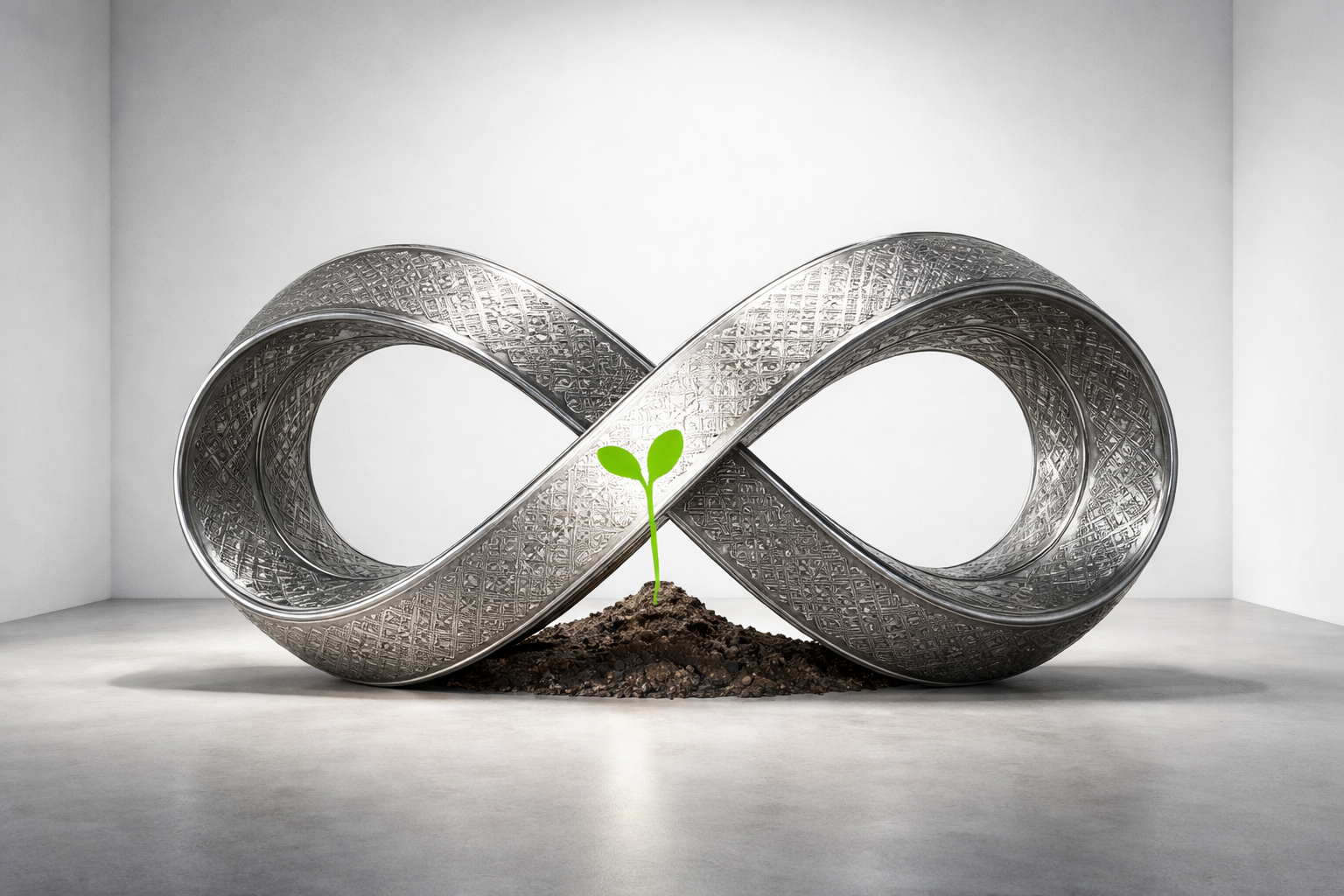 Metallic infinity symbol with a small plant growing out of it on a neutral background.