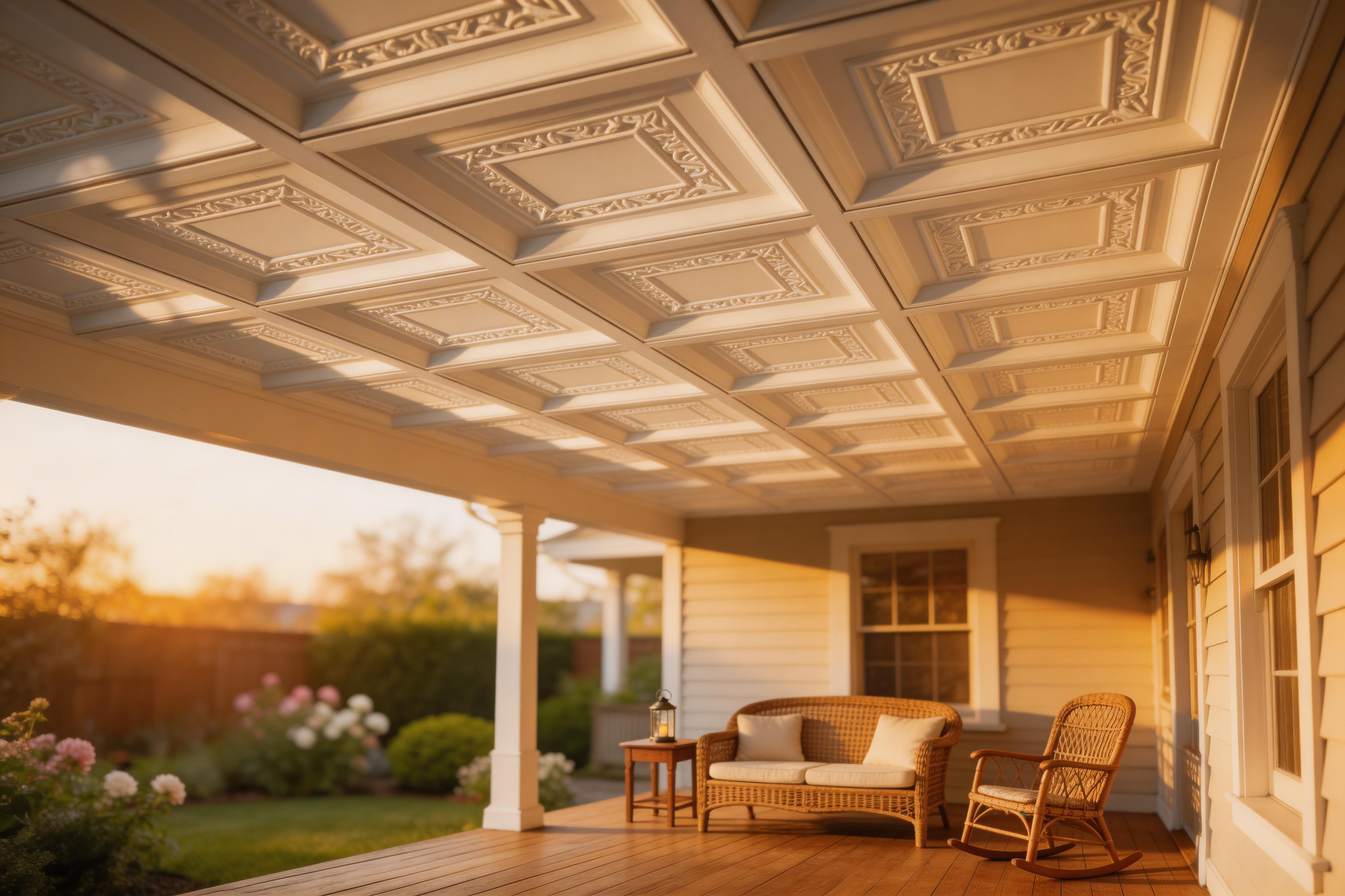 Covered patio with decorative ceiling, sofa, and chair on a sunny day.