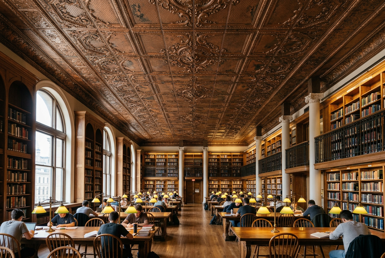 Large, ornate library with decorative ceilings and rows of bookshelves.