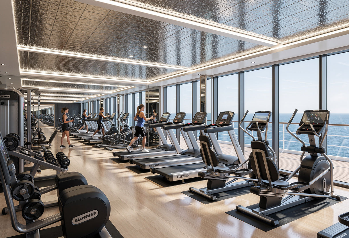 Gym interior with exercise equipment and large windows overlooking an ocean view.