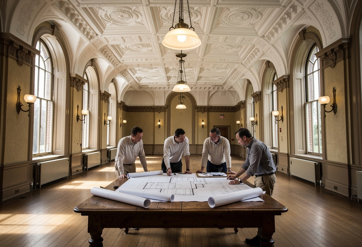 Four men working on blueprints in a large, ornate room with high ceilings and large windows.