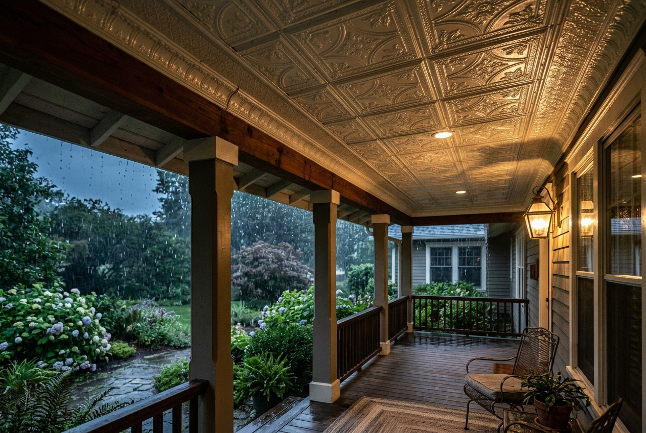 Covered patio with decorative ceiling, chairs, and garden view