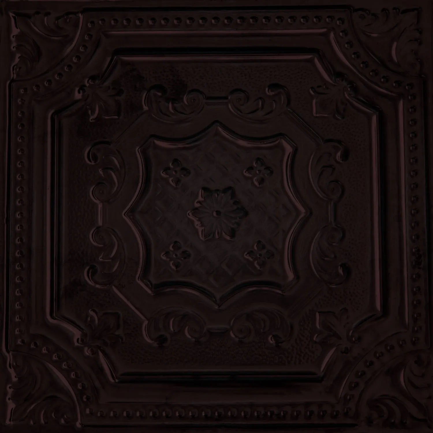 Decorative dark brown ceiling tile with intricate patterns.
