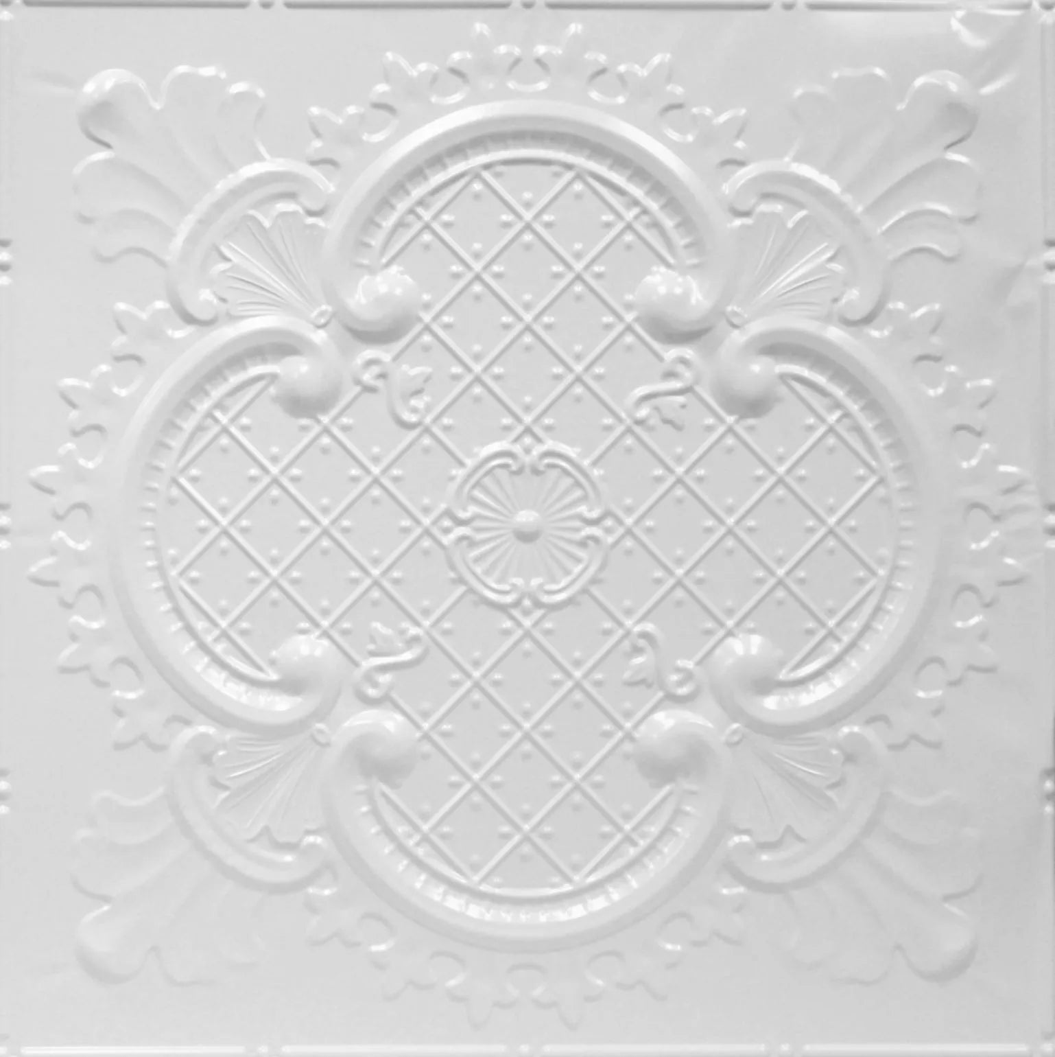 Decorative white ceiling tile with intricate patterns.