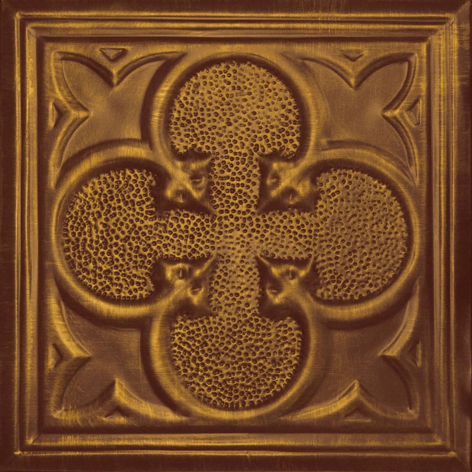 Decorative emblem with interlocking circular patterns on a textured brown background.
