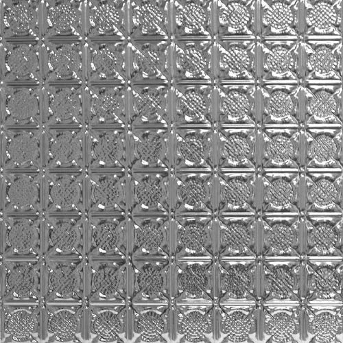 Metallic decorative ceiling tile with embossed pattern.