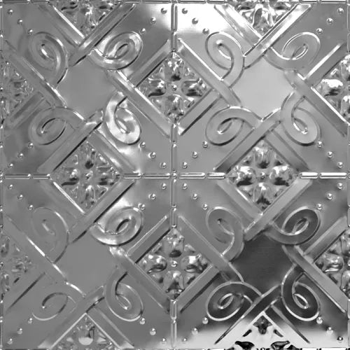 Decorative metallic ceiling tile with intricate patterns.