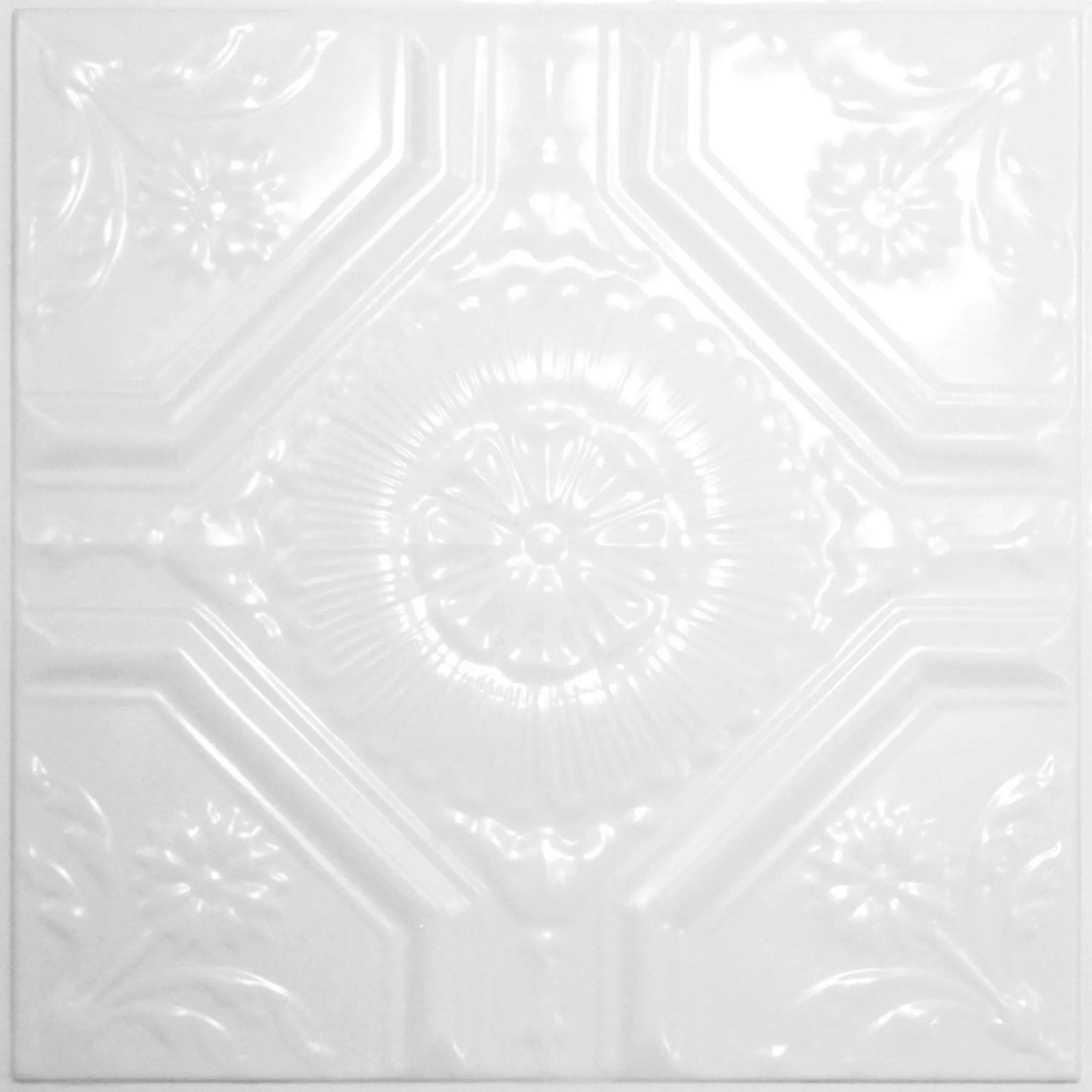 White decorative ceiling tile with geometric pattern.