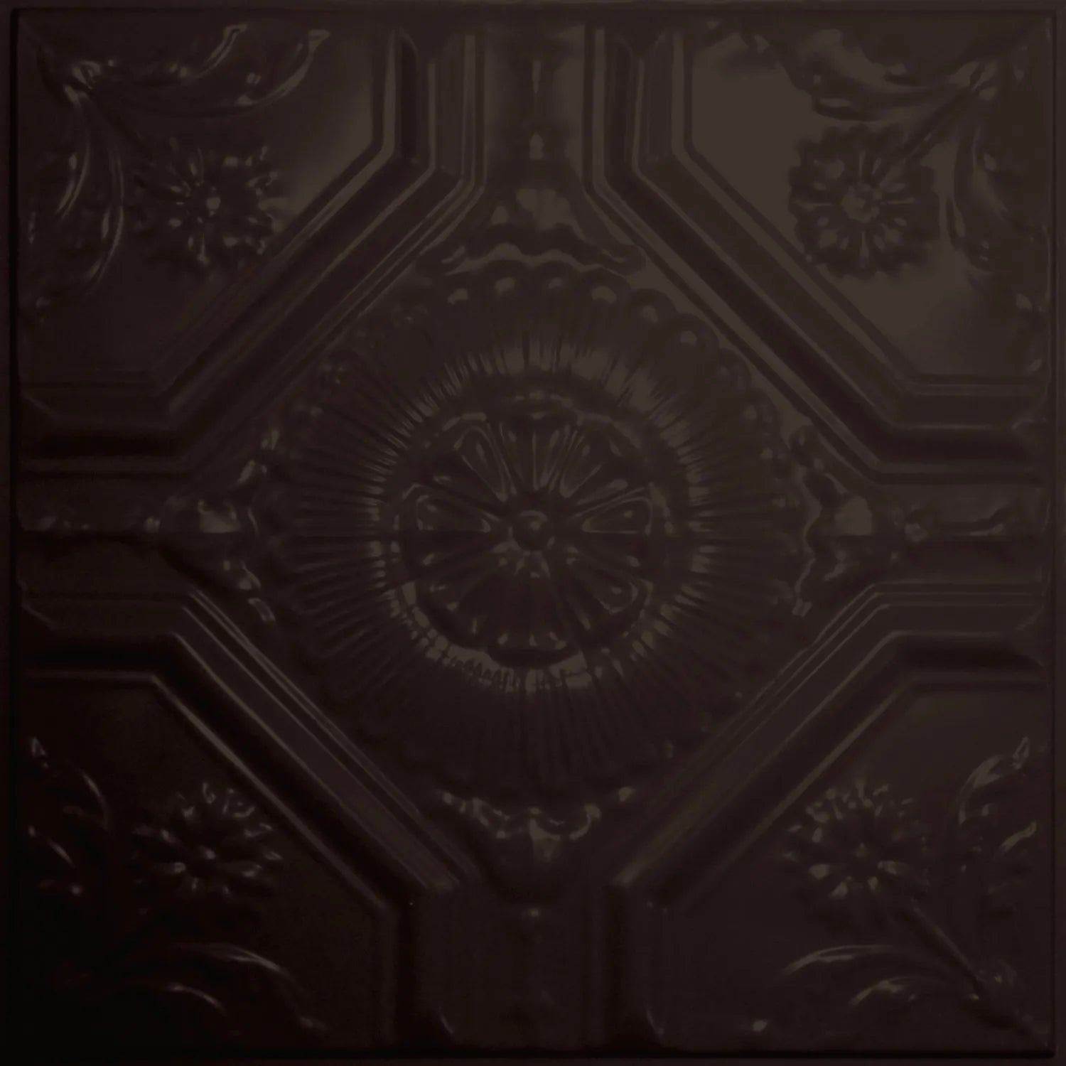 Decorative black ceiling tile with intricate.