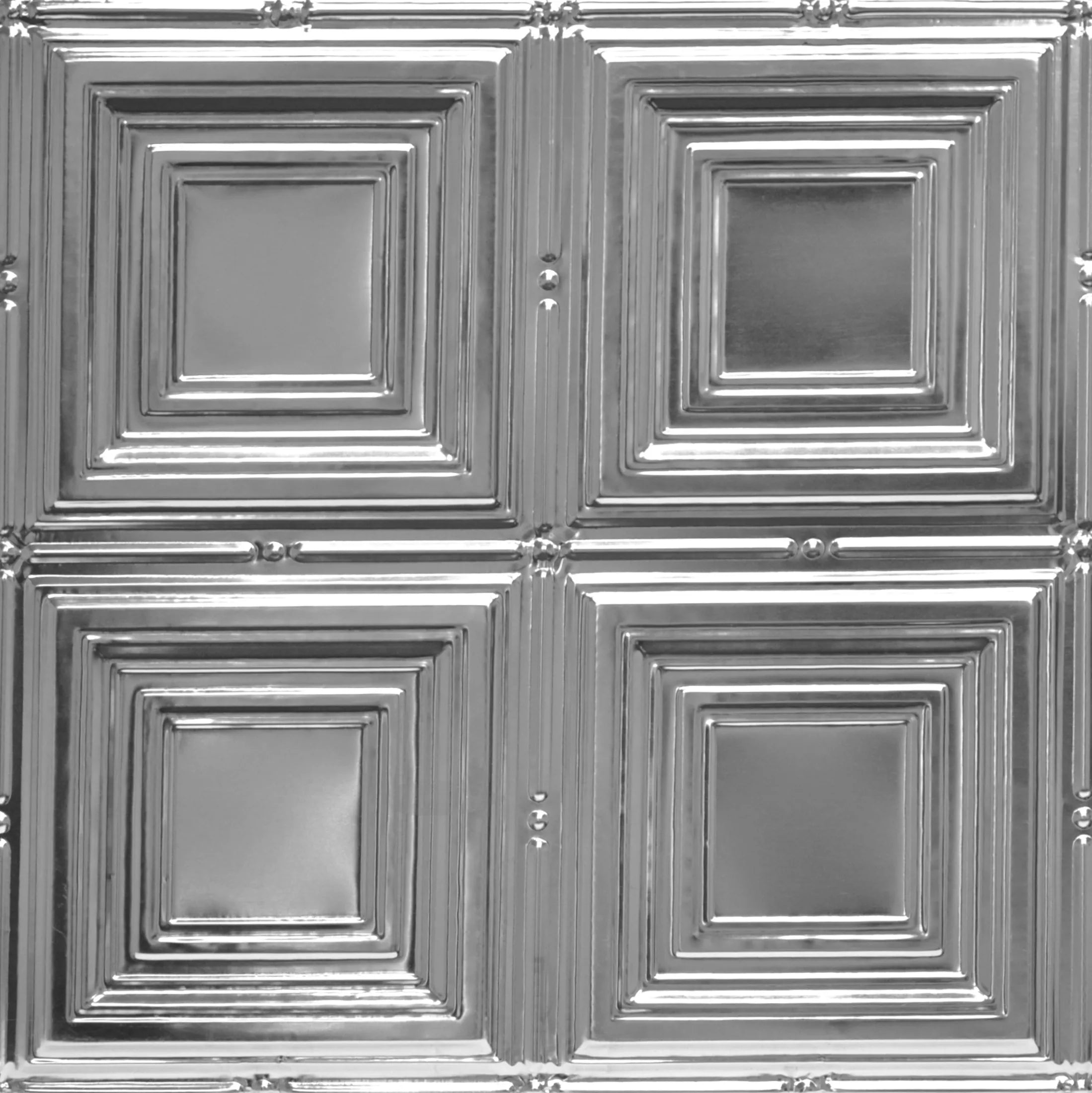 Metallic ceiling tile with a checkered pattern.