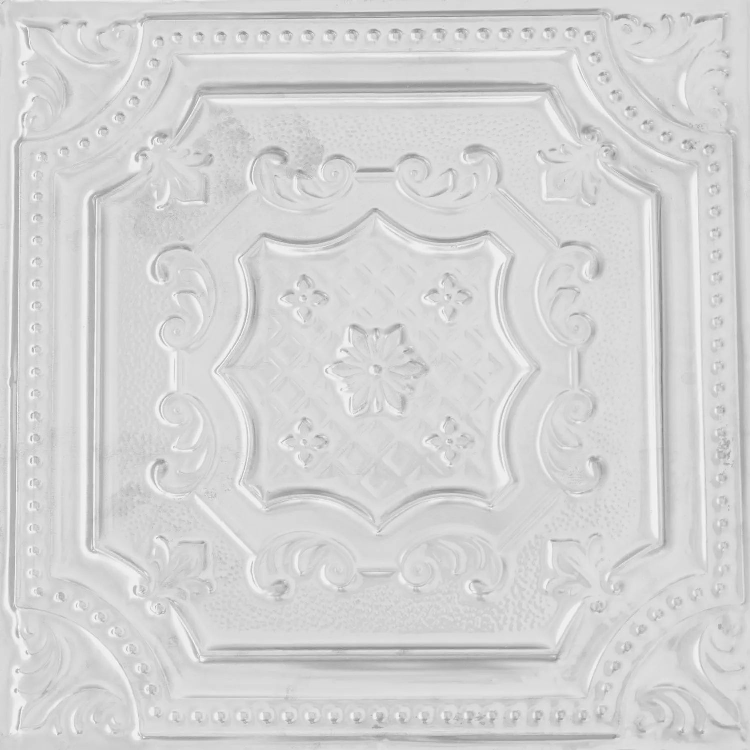 Decorative white ceiling tile with intricate patterns