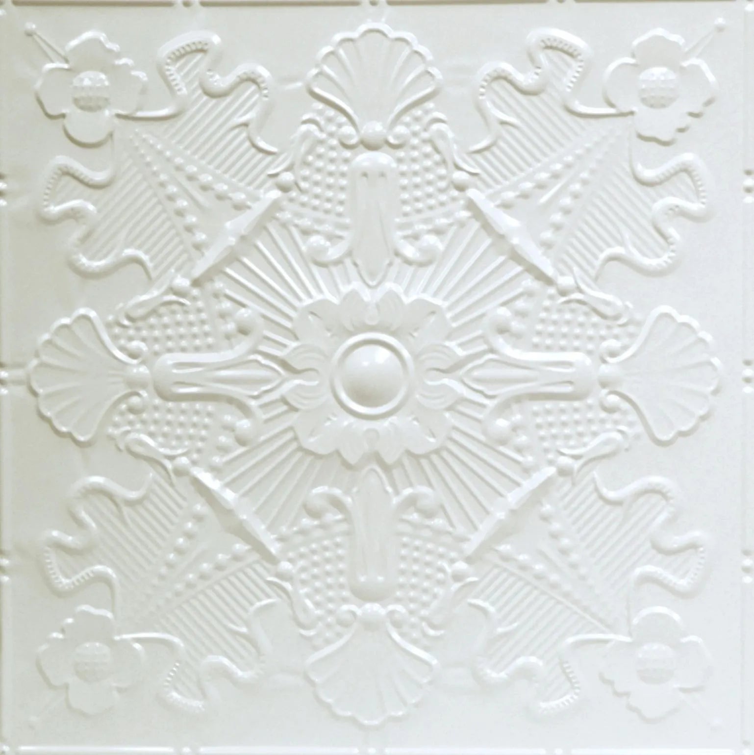 Decorative white ceiling tile with intricate patterns