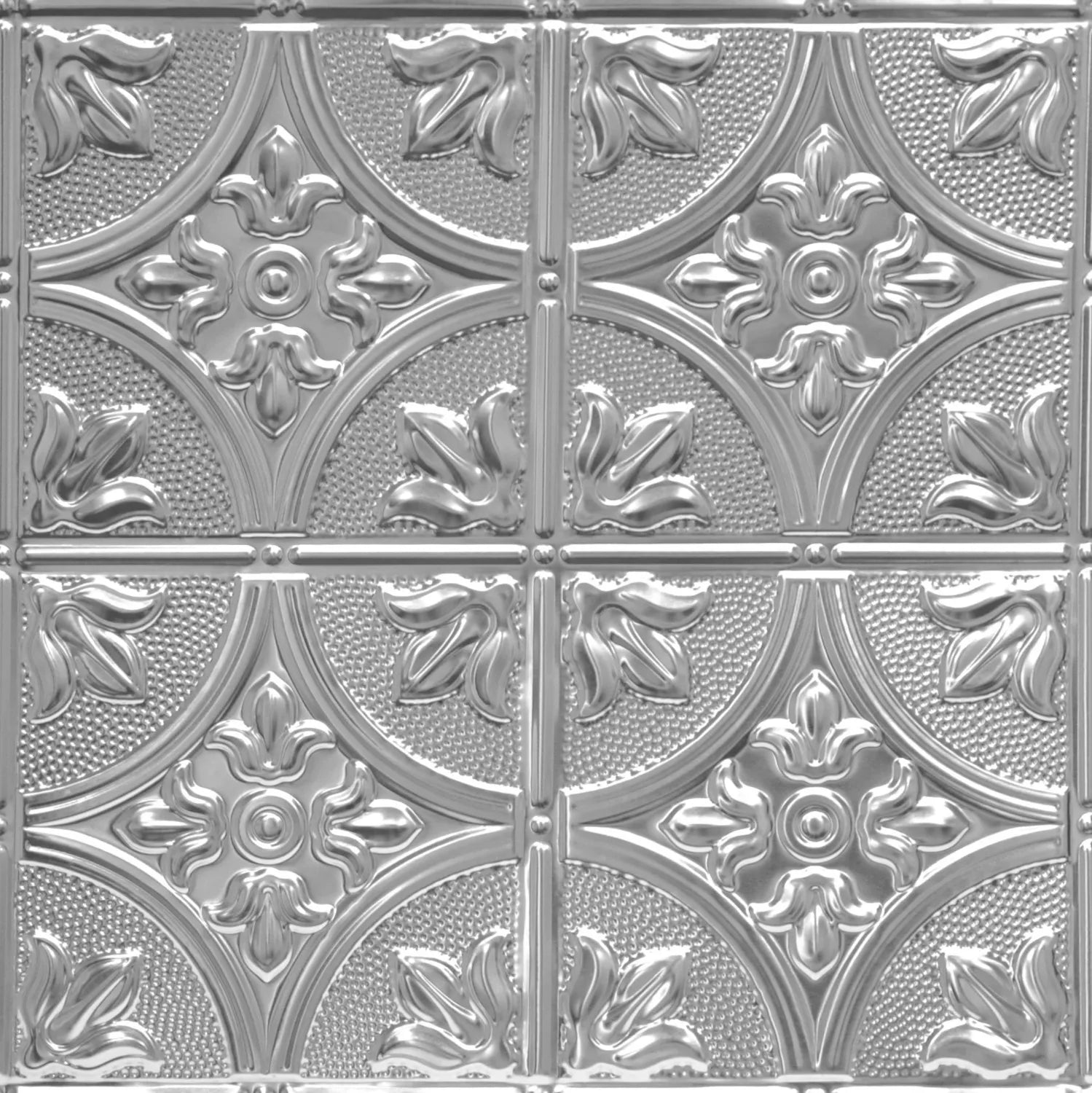 Decorative metallic ceiling tile with floral pattern.