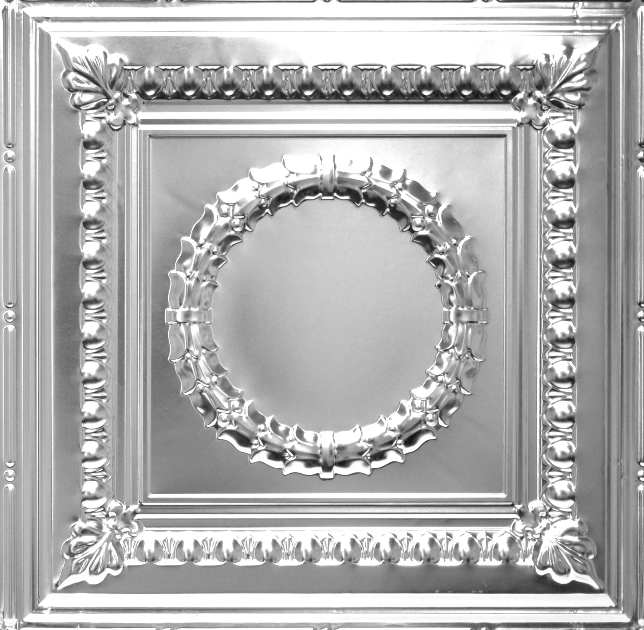Decorative metallic ceiling tile with intricate patterns.