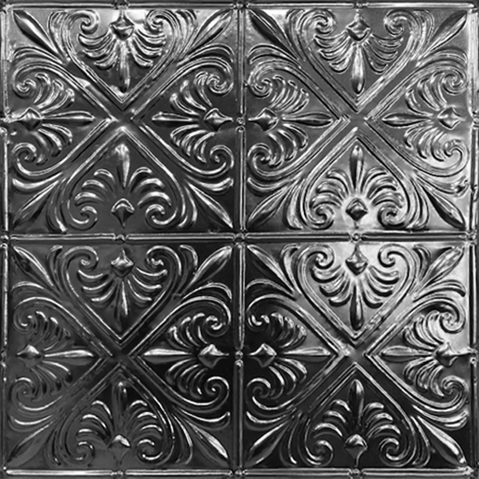 Decorative metal ceiling tile with intricate patterns.