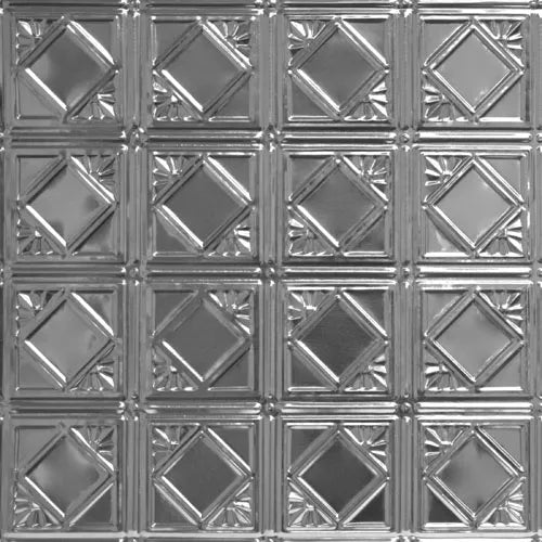 Metallic diamond patterned ceiling tile.