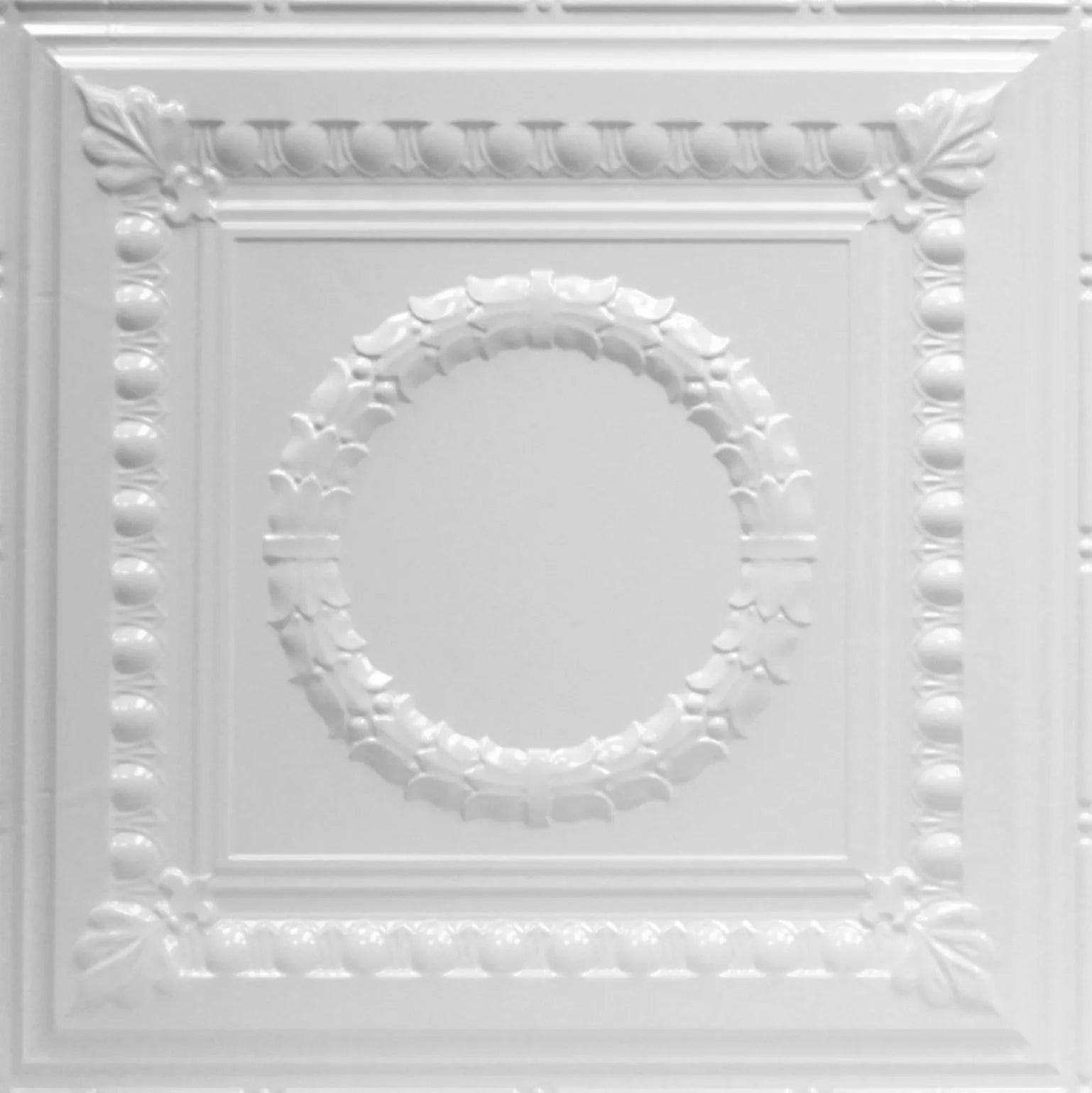 Decorative white ceiling tile with embossed design.
