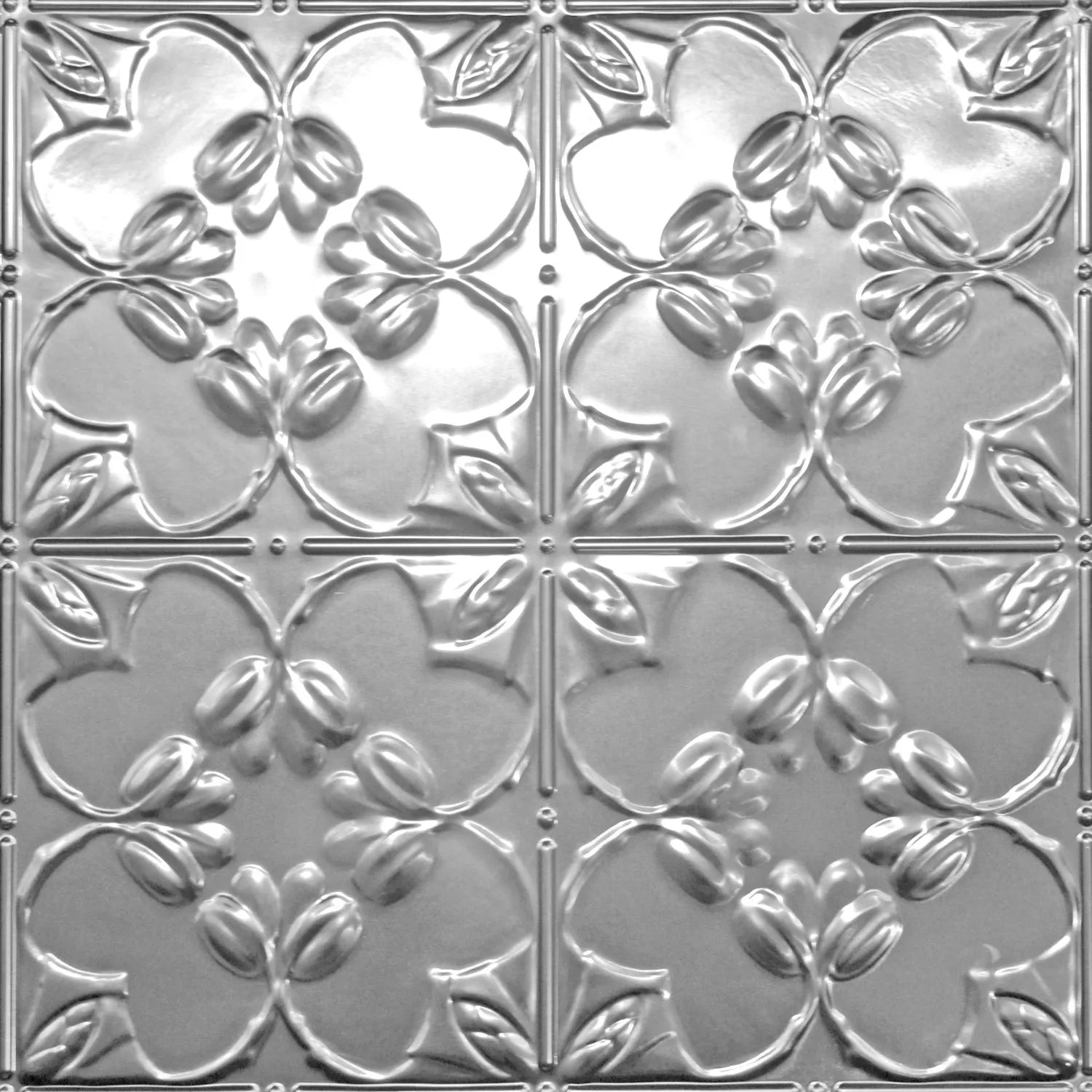 Decorative metallic panel with floral pattern.