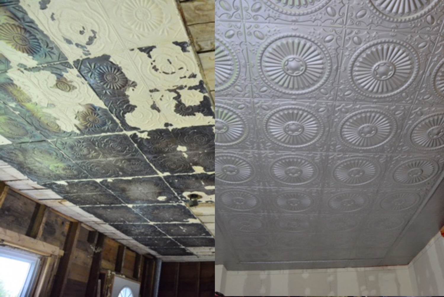 Comparison of a textured ceiling before and after renovation.