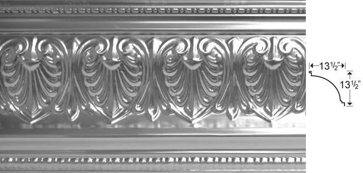 Decorative ceiling molding with intricate patterns and measurements.