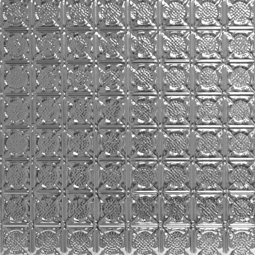 Decorative metallic ceiling tile with embossed pattern.