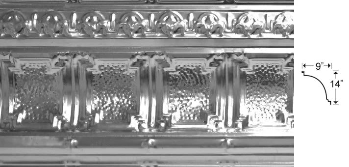 Decorative cornice with intricate detailing and measurements on a white background.