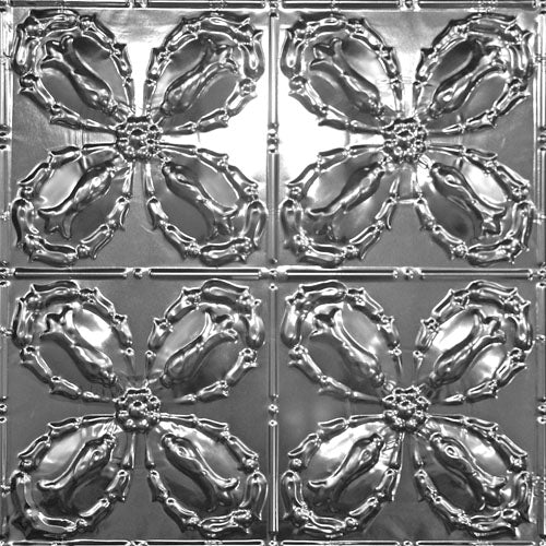 Decorative metal ceiling tiles with floral patterns.