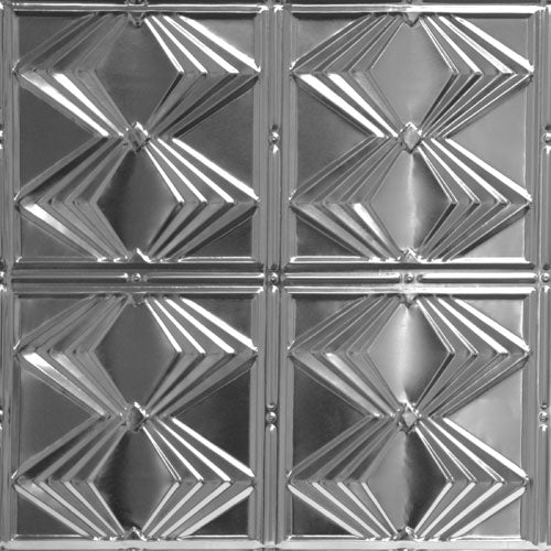 Decorative metal ceiling tile with geometric pattern.