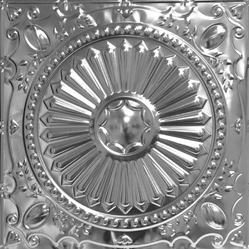 Decorative metallic ceiling tile with intricate patterns.