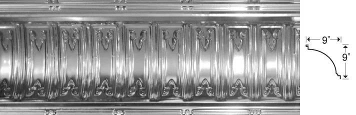 Decorative metallic ceiling tile with embossed design and measurements.