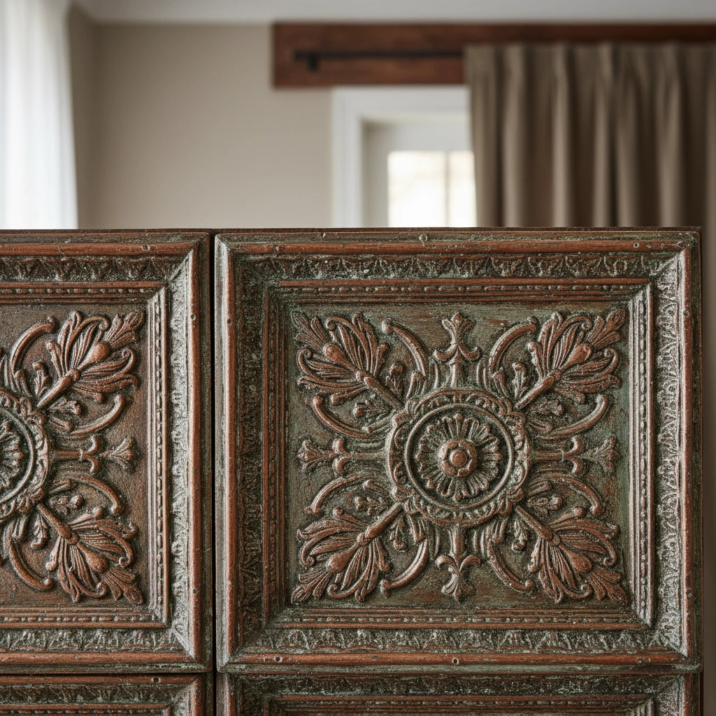 Decorative wooden panel with intricate carvings in a room setting