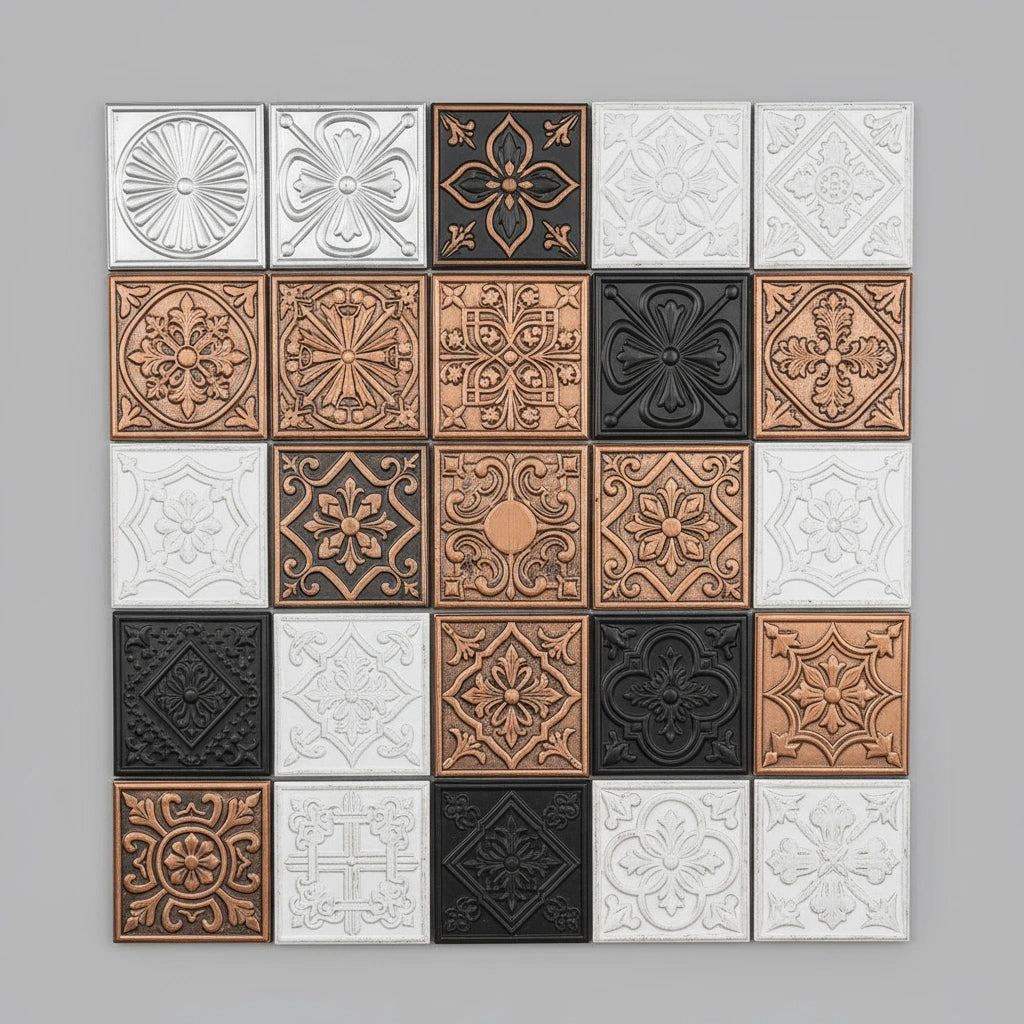 Grid of decorative metal tin tile samples.