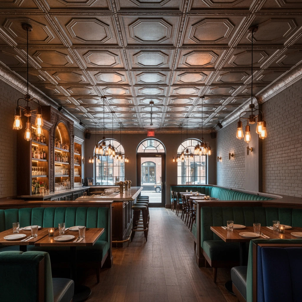 Interior of a stylish restaurant with patterned ceiling and wooden floors.