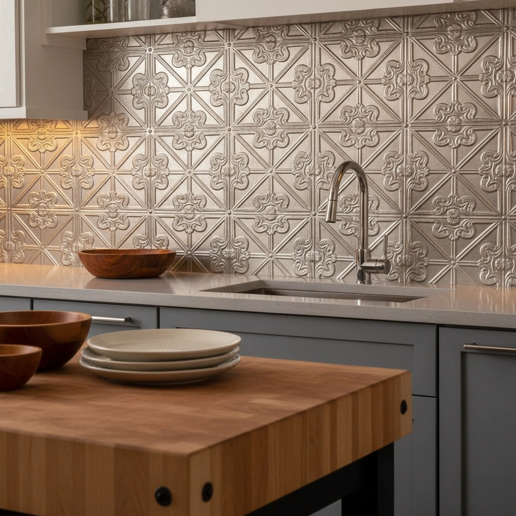 Kitchen with decorative tile backsplash, wooden countertop, and sink.