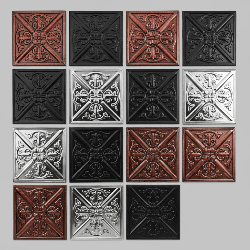 Grid of decorative tiles in brown, black, and silver on a gray background