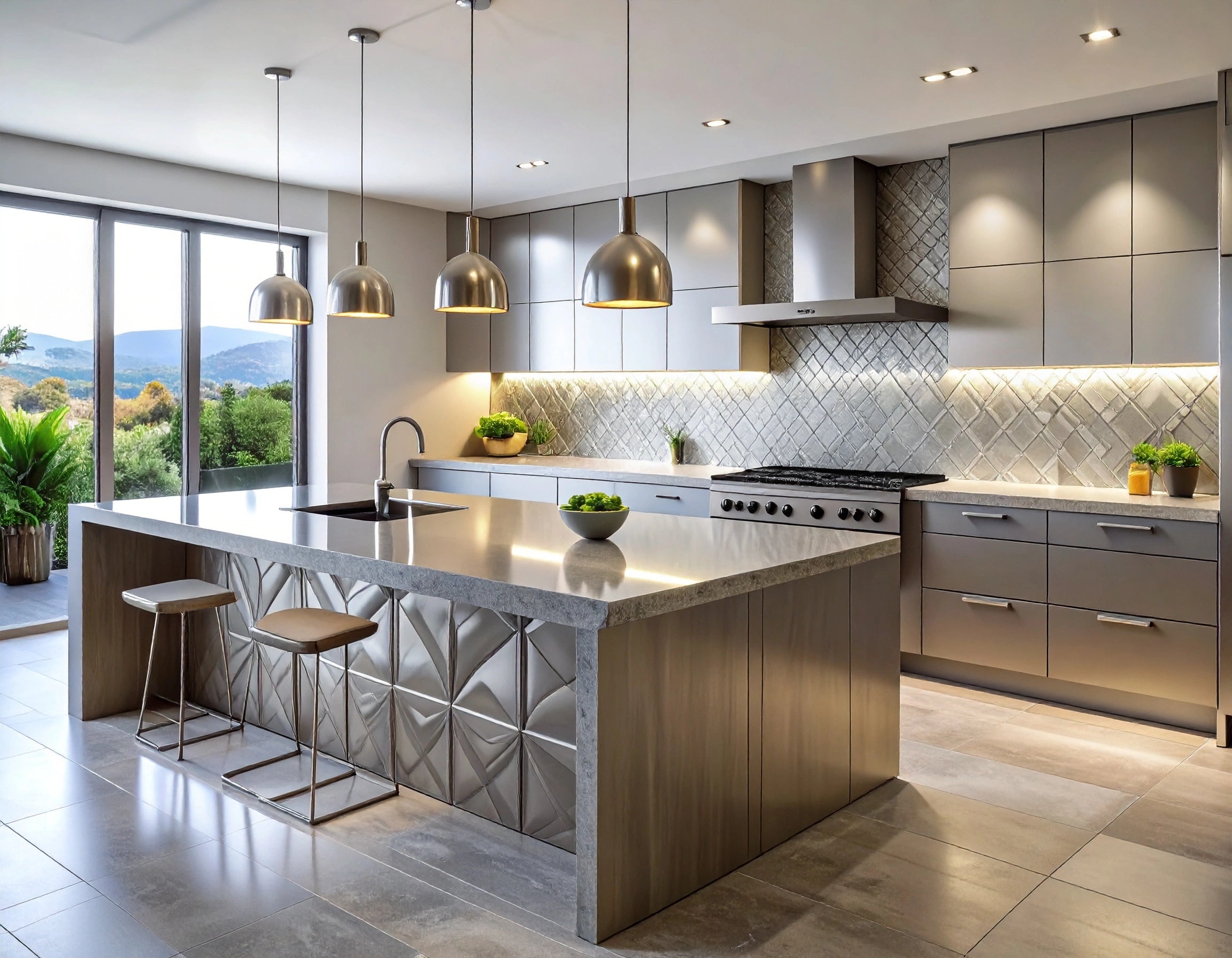 Modern kitchen with island, cabinets, and decorative backsplash