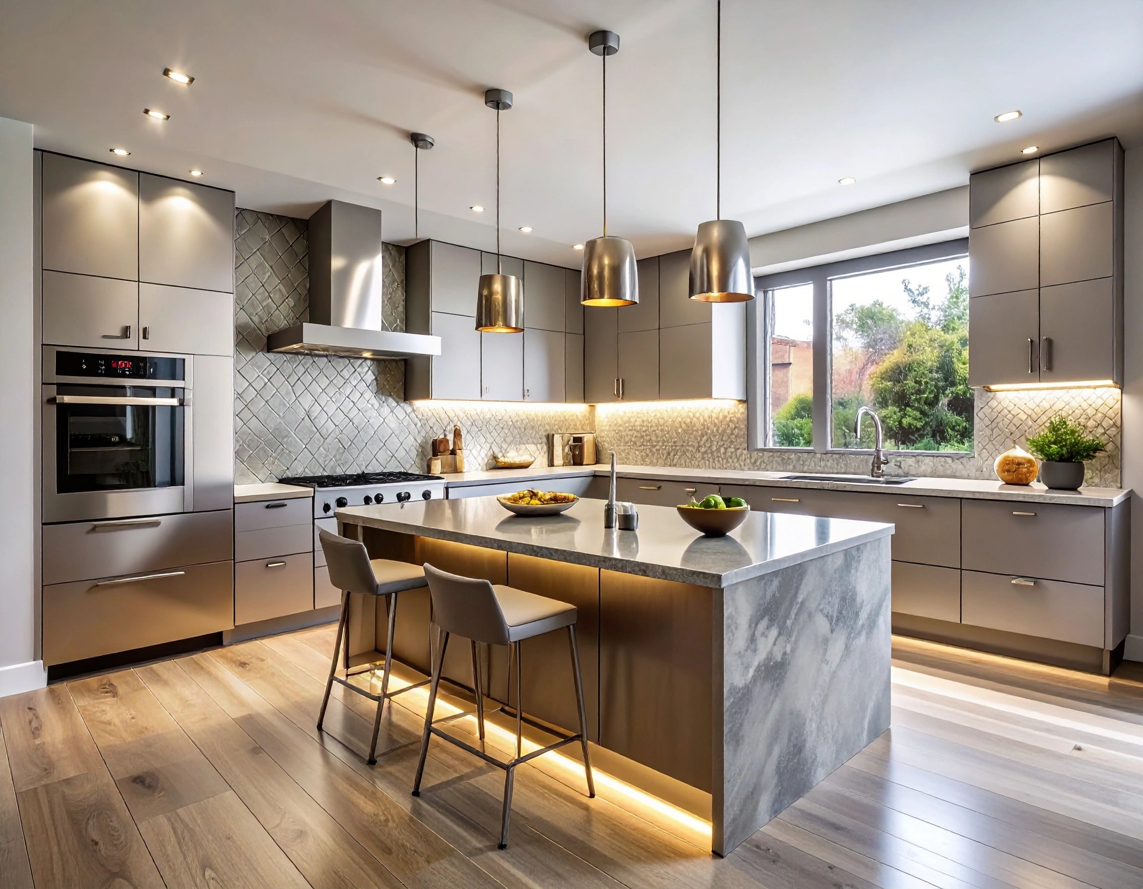 Modern kitchen with marble island, stainless steel appliances, and pendant lights.