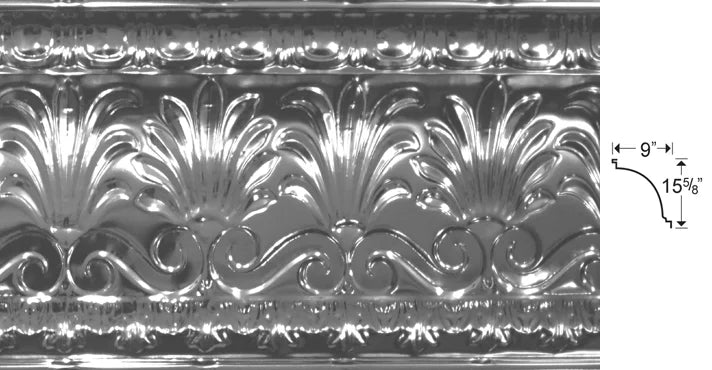 Decorative metallic ceiling tile with intricate patterns and measurements.