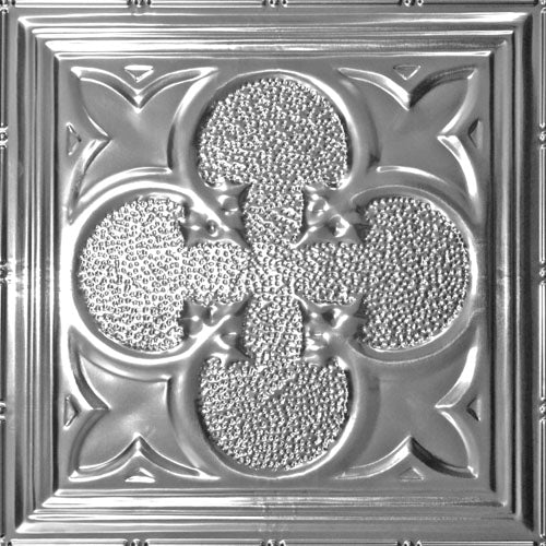 Decorative metallic ceiling tile with intricate patterns.