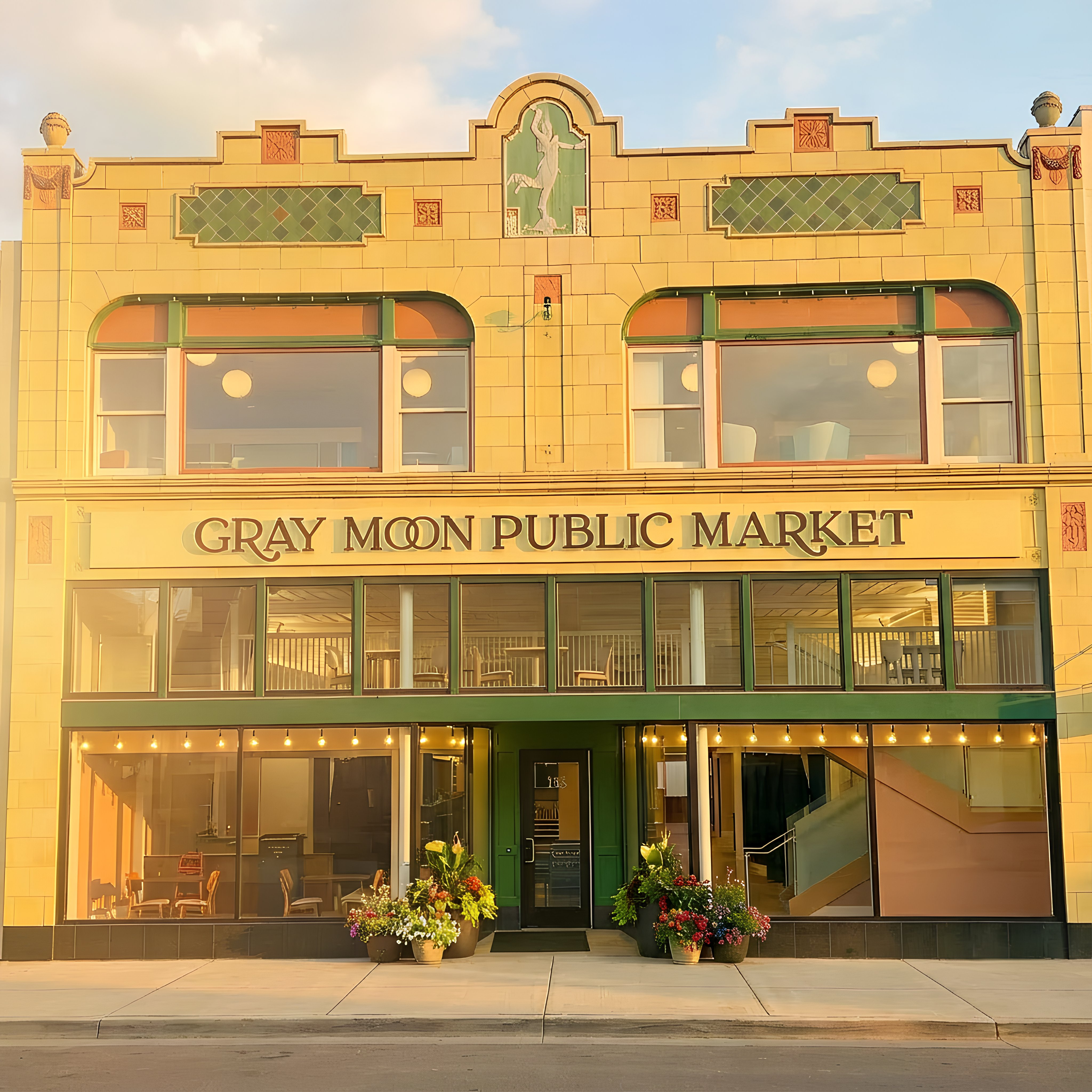 Gray Moon Public Market building with decorative elements and flowers in front.
