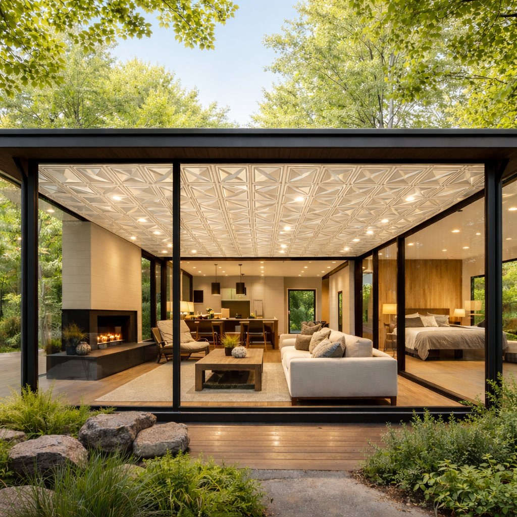 Modern house with large glass windows.