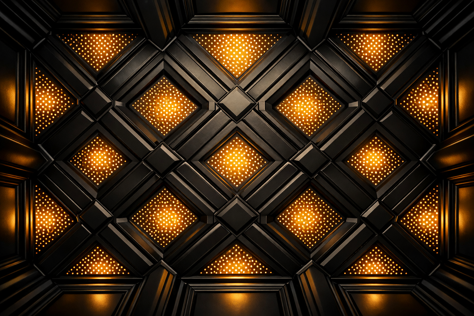 Decorative ceiling with black and gold diamond pattern.