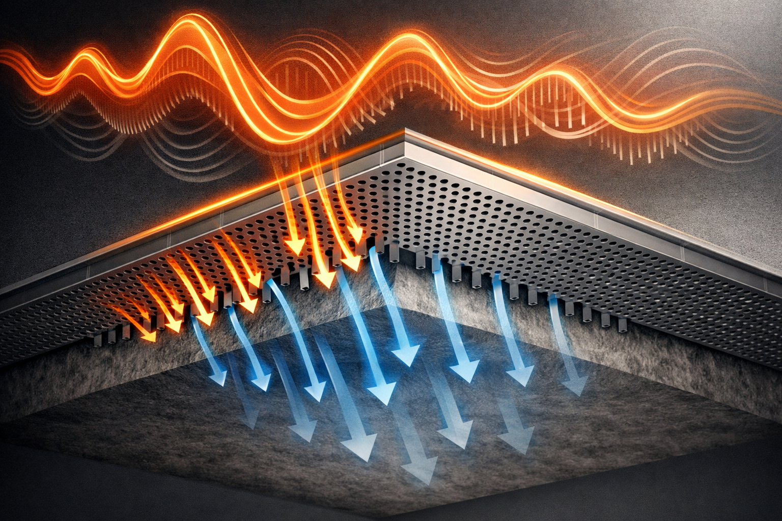 Illustration of a heat sink with thermal management graphics showing heat flow.