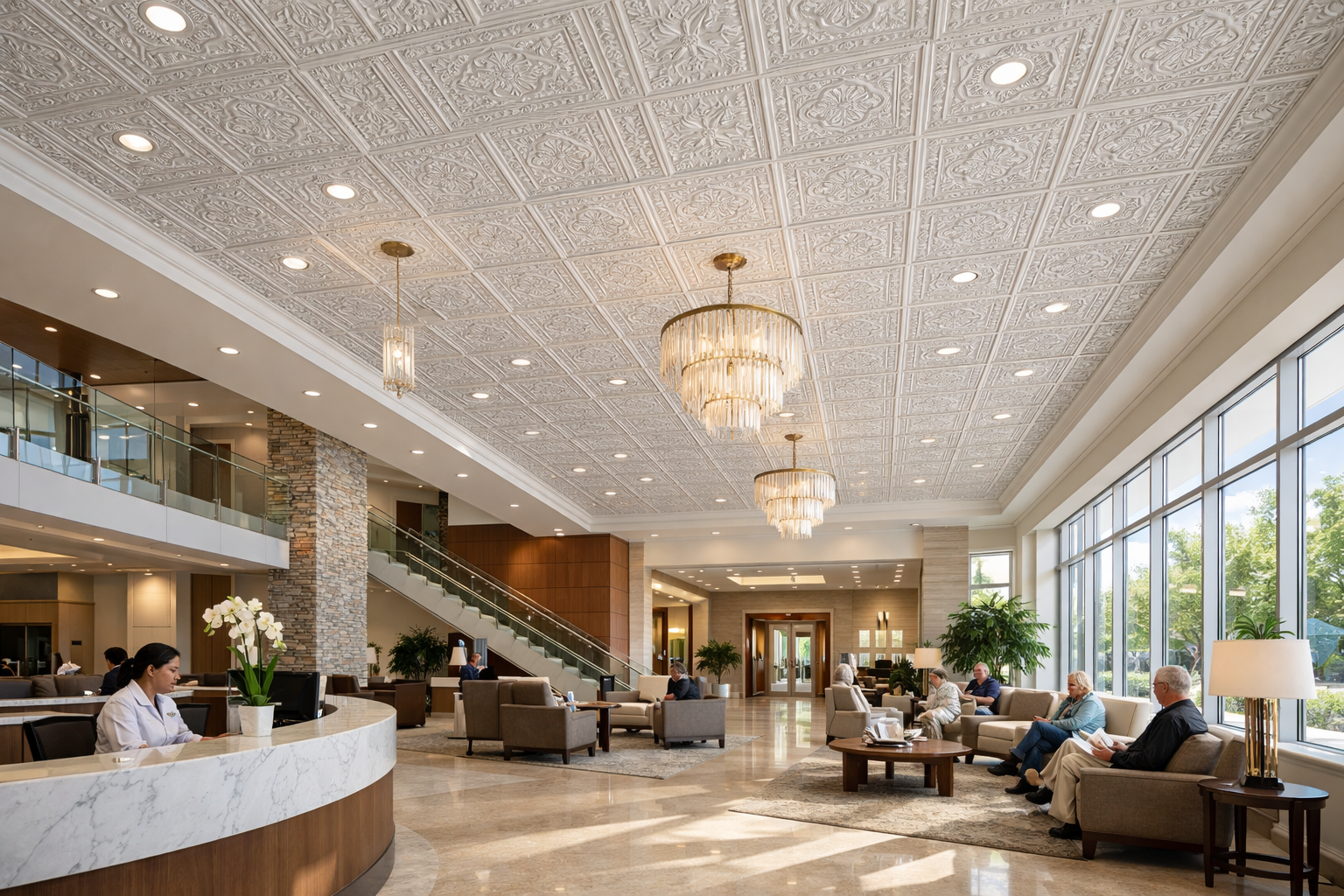 Luxurious lobby with high ceilings.