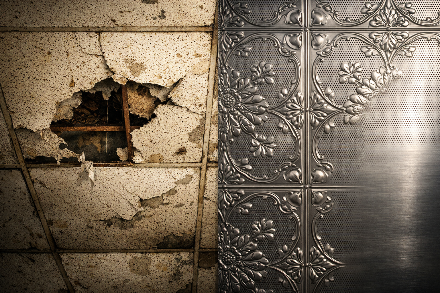 Damaged ceiling tile with peeling paint next to a decorative.