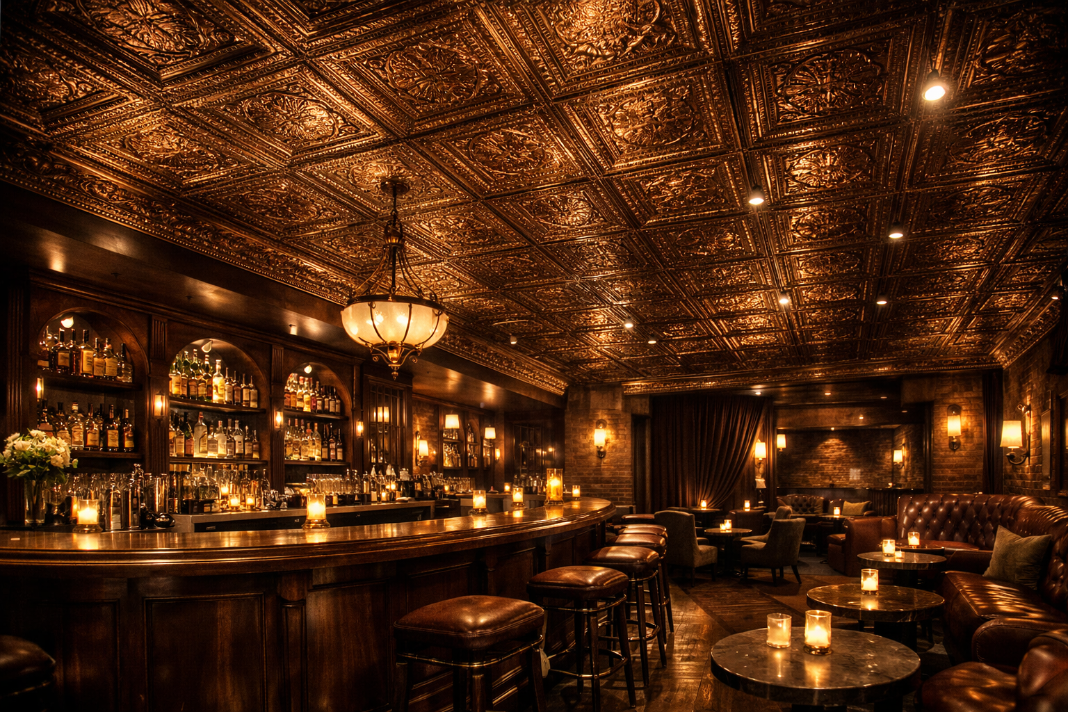 Luxurious bar with ornate ceiling and leather chairs