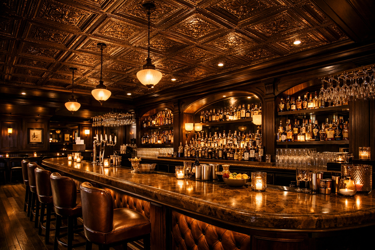 Bar with wooden counter and shelves stocked with bottles.